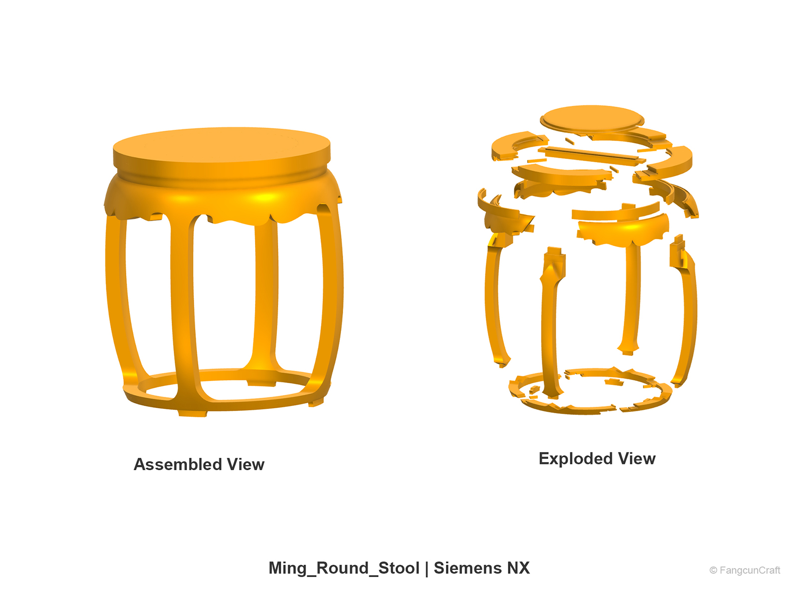 Ming-style round stool Siemens NX CAD model with traditional timber joinery