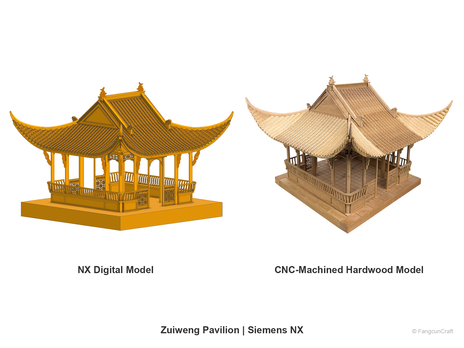 Zuiweng Pavilion timber structure Siemens NX model and CNC-machined physical product